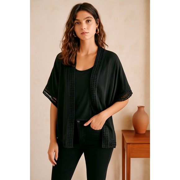 Nordstrom Tops - Nordstrom Black Cardigan Crochet Hem / Kimono - One Size‎ Fits Most